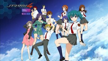 20s 4boys 6+girls back bare_legs blue_sky breasts character_request clothes_lift cloud cloudy_sky doi_shizuha dress everyone hand_on_own_hip honjo_mikaze kikuhara_karin kisaragi_sayaka large_breasts logo long_hair medium_breasts medium_hair mikuriya_ran mukai_touko multiple_boys multiple_girls nakamura_ayamo pink_dress school_uniform short_hair skirt skirt_lift sky small_breasts source_request stratos_4 twintails