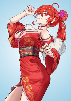 1girl absurdres ahoge alternate_costume alternate_hairstyle blue_background breasts collarbone commentary_request eris_greyrat fang flower fur-trimmed_kimono fur_trim furisode grin hair_flower hair_ornament hand_up highres holding holding_brush japanese_clothes kimono large_breasts long_hair long_sleeves looking_at_viewer mushoku_tensei nipple_slip nipples no_bra obi off_shoulder pointing pointing_at_self print_kimono profile red_eyes red_hair red_kimono sash simple_background smile solo standing thumbs_up wide_sleeves yo_zhou0309