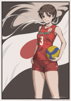 1girl absurdres ball bare_shoulders brown_eyes brown_hair capcom commentary headband highres holding holding_ball japanese_flag jersey kasugano_sakura looking_at_viewer mizuno_(brand) parted_lips red_shirt red_shorts shirt short_hair shorts sleeveless sleeveless_shirt smile solo sportswear standing street_fighter tyanoki volleyball volleyball_(object) volleyball_uniform white_headband