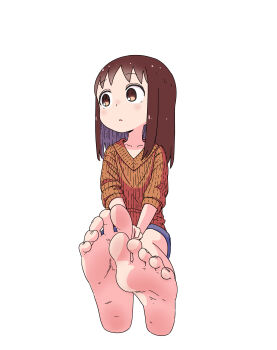 Rule 34 | 1girl, absurdres, azumanga daiou, barefoot, blue shorts, brown eyes, brown hair, feet, foot focus, foreshortening, highres, kasuga ayumu, legs, leims (urje8584), medium hair, orange sweater, parted lips, ribbed sweater, short shorts, shorts, simple background, sitting, sleeves pushed up, soles, solo, sweater, toes, v-neck, v arms, white background