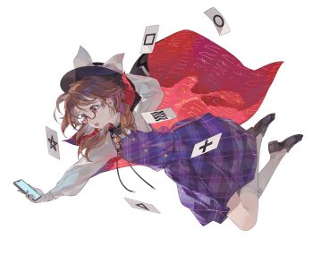 1girl black_cloak black_hat black_shoes bow brown_eyes brown_hair buttons cellphone cloak collared_shirt from_side full_body hand_on_headwear hand_up hat hat_bow holding holding_phone long_sleeves medium_hair open_mouth outstretched_arm phone plaid_clothes plaid_skirt plaid_vest purple_skirt purple_vest quimbaya_airplane red-framed_eyewear red_cloak runes shihou_(g-o-s) shirt shoes skirt smartphone socks solo touhou transparent_background twintails two-sided_cloak two-sided_fabric usami_sumireko vest white_bow white_shirt white_socks zener_card