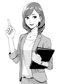Rule 34 | 1girl, breasts, clip studio paint (medium), commentary request, earrings, greyscale, highres, holding binder, index finger raised, jacket, jewelry, medium hair, monochrome, necklace, open mouth, original, pokipoki, sleeves rolled up, small breasts, smile, solo, suit jacket, upper body, watch, wristwatch