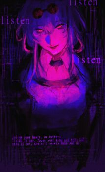 1girl absurdres black_background closed_mouth collared_shirt english_text eyewear_on_head highres honkai:_star_rail honkai_(series) horror_(theme) kafka_(honkai:_star_rail) looking_at_viewer lu_liu pink_eyes pink_theme purple_theme shirt smile solo upper_body