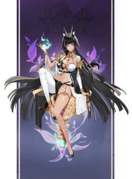 1girl :3 absurdres animal_ears arm_support armor asymmetrical_clothes bare_shoulders belt black_hair black_socks blue_eyes breasts brooch claw_ring cleavage cleavage_cutout closed_mouth clothing_cutout collar detached_sleeves fox_ears fox_tail gold_trim hand_up hibiwa highres jewelry large_breasts leg_up legs long_hair long_sleeves looking_at_viewer midriff multicolored_hair navel original pauldrons pelvic_curtain revealing_clothes revision shoulder_armor single_leg_pantyhose sitting smile socks solo stomach streaked_hair tail thighlet thighs toe_cleavage very_long_hair