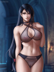Rule 34 | 1girl, black bra, black gloves, black hair, black panties, bra, breasts, brown eyes, eye contact, final fantasy, final fantasy vii, final fantasy vii remake, flowerxl, gauntlets, gloves, hair ornament, hip focus, large breasts, lingerie, lips, long hair, looking at another, looking at viewer, navel, nipples visible through bra, panties, pussy visible through panties, red gloves, shirt, smile, solo, standing, thighs, tifa lockhart, tight clothes, underboob, underwear, video game character