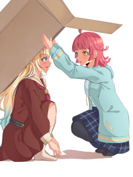 2girls absurdres ahoge black_pantyhose blonde_hair blue_hair blue_jacket blue_skirt blunt_bangs box brown_dress commentary_request dress eye_contact full_body gradient_hair hasu_no_sora_school_uniform highres holding holding_box hood hood_down in-franchise_crossover jacket kishimen_hair knees_up link!_like!_love_live! long_hair long_sleeves looking_at_another love_live! love_live!_nijigasaki_high_school_idol_club medium_dress medium_skirt multicolored_hair multiple_girls neckerchief nijigasaki_school_uniform no_shoes open_box open_clothes open_jacket osawa_rurino pantyhose parted_lips partial_commentary pink_hair pleated_dress pleated_skirt profile red_neckerchief sailor_collar sailor_dress school_uniform simple_background sitting skirt socks squatting summer_uniform sweatdrop tennoji_rina very_long_hair virtual_youtuber white_background white_sailor_collar white_socks winter_uniform yellow_eyes zaurusu_dan