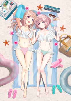 2girls absurdres arimura_mao arm_up beach bikini blush brown_hair collarbone commentary_request flip-flops flower food gakuen_idolmaster highres himesaki_rinami holding holding_food holding_hands holding_popsicle idolmaster innertube long_hair looking_at_viewer lying multiple_girls nail_polish navel on_back open_mouth pink_flower popsicle purple_eyes sandals shirt smile starfish stomach sunglasses swim_ring swimsuit toenail_polish toenails toes uchihara water_gun white_bikini