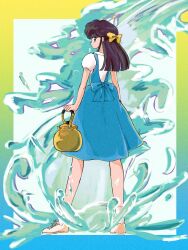 Rule 34 | 1girl, arms at sides, black eyes, black hair, blue border, blue dress, blunt ends, border, bow, commentary, dress, film grain, from behind, fuurinkan high school uniform, gradient border, green border, hair bow, highres, holding kettle, kettle, kmr doodle, long hair, looking at viewer, looking back, outside border, pinafore dress, puffy short sleeves, puffy sleeves, ranma 1/2, school uniform, shirt, shoes, short sleeves, sleeveless, sleeveless dress, sneakers, socks, solo, splashing, tendou akane, water, white footwear, white shirt, white socks, yellow border, yellow bow