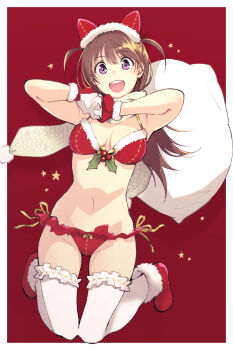 1girl bikini breasts brown_hair character_request copyright_request fur-trimmed_gloves fur-trimmed_shoes fur_trim gloves highres holding holding_sack holly long_hair navel nonaka_nono open_mouth purple_eyes red_background red_gloves red_shoes sack santa_bikini santa_costume shoes solo star_(symbol) swimsuit teeth thighhighs upper_teeth_only white_thighhighs