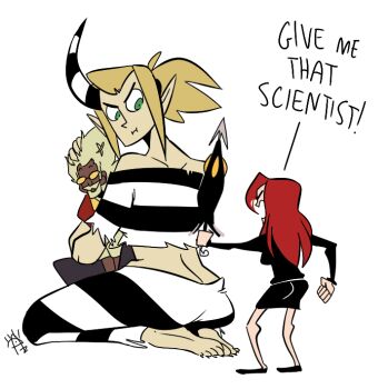 animated animated_gif giant giantess horn horns isaac_(skullgirls) magnagallina parasol parasoul_(skullgirls) prison_clothes scythana_(skullgirls) skullgirls umbrella