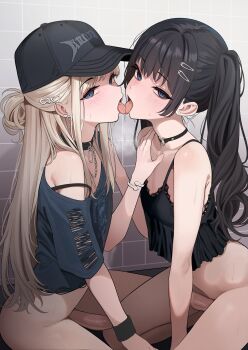 2boys absurdres arm_support bare_shoulders baseball_cap black_camisole black_choker black_hair black_hat blonde_hair blue_eyes blue_shirt blush bottomless bra_strap bracelet camisole choker crossdressing crossdressing_(mtf) decensored earrings erection eyes_visible_through_hair flat_chest french_kiss hair_ornament hairclip half-closed_eyes hand_on_another&#039;s_chest hat heart heart_earrings heart_o-ring highres jewelry kiss light_blush long_hair looking_at_viewer male_focus multiple_boys o-ring o-ring_choker open_mouth original penis saliva saliva_trail seiza shirt sitting strap_slip stud_earrings sweat third-party_edit tile_wall tiles tongue tongue_out trap trap_on_trap turisasu twintails uncensored very_long_hair wristband yaoi