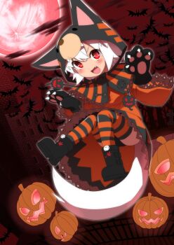 Rule 34 | absurdres, animal costume, animal hands, animal print, bad id, bad twitter id, bat (animal), boots, cloud, cloudy sky, cross, dress, fence, floating, full moon, gloves, highres, hood, inubashiri momiji, jack-o'-lantern, kedama (touhou), komugicha (mugimugi-shiki), leaf, leather, leather boots, mansion, maple leaf, moon, night, paw gloves, pumpkin, railing, red eyes, red moon, red sky, sky, solo, strap, thighhighs, tiger costume, tiger print, tombstone, touhou, tower, tree, white hair, window, xiao maicha