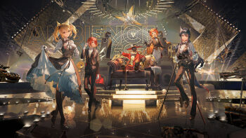 4boys 4girls ambience_synesthesia angel angel_wings animal animal_ear_fluff animal_ears apron arknights bird black_bow black_bowtie black_gloves black_hair black_pants black_pantyhose black_tailcoat black_vest blonde_hair bow bowtie burger buttons camera closed_mouth clothes_lift cocktail coffee_table collared_shirt concert cow_girl cow_horns cow_tail croissant_(arknights) cropped detached_wings drum drum_set emperor_(arknights) exusiai_(arknights) food formal_clothes frilled_skirt frills gloves gradient_eyes green_eyes hair_over_one_eye halo hand_on_own_chest high_heels highres holding holding_camera holding_instrument holding_plate holding_violin horns instrument jacket long_hair looking_at_viewer microphone multicolored_eyes multiple_boys multiple_girls music necktie official_art open_clothes open_jacket open_mouth orange_hair oxfords pants pantyhose penguin penguin_logistics_(arknights) piano_bench plate playing_instrument playing_piano puffy_sleeves red_eyes red_hair red_jacket red_pants red_suit second-party_source shirt short_hair short_twintails shule_de_yu single-lens_reflex_camera sitting sitting_on_throne skirt skirt_lift smile sora_(arknights) speaker stage stage_lights standing suit sunglasses table tail tailcoat texas_(arknights) throne tie_clip twintails vest video_camera violin white_apron white_gloves white_shirt white_skirt wings wolf_ears wolf_girl wolf_tail wooden_table yellow_eyes yellow_necktie yellow_vest