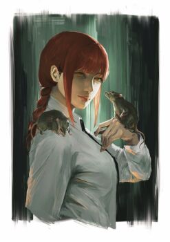 1girl animal animal_on_hand armald0 black_necktie braid braided_ponytail chainsaw_man closed_mouth hashtag-only_commentary highres looking_at_viewer makima_(chainsaw_man) mouse_(animal) mouse_on_shoulder necktie orange_eyes red_hair shirt sidelocks solo white_shirt