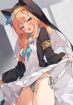 Rule 34 | 1girl, blonde hair, blue archive, blue eyes, blue neckerchief, blush, clothes lift, dress, dress lift, grey panties, heart, heart-shaped pupils, highres, lifting own clothes, long sleeves, mari (blue archive), naughty face, neckerchief, nun, open mouth, panties, side-tie panties, smile, solo, symbol-shaped pupils, thighs, translated, unacchi (nyusankin), underwear, white dress