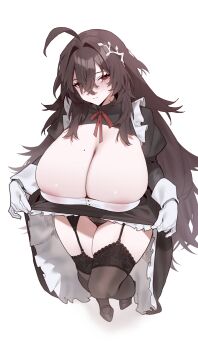 1girl absurdres ahoge areola_slip artist_request black_dress black_hair black_panties black_thighhighs breasts cleavage closed_mouth clothes_lift commission dress dress_lift from_above full_body gloves hair_between_eyes hair_ornament highres huge_breasts juliet_sleeves lifting_own_clothes long_hair long_sleeves looking_at_viewer maid mole mole_on_breast original panties puffy_sleeves red_eyes second-party_source simple_background solo standing thighhighs underwear very_long_hair white_background white_gloves