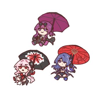 3girls acheron_(honkai:_star_rail) black_dress black_flower black_gloves black_jacket black_shorts black_umbrella chibi chibi_only closed_mouth dorkdragoon dress evernight_(honkai:_star_rail) eyewear_on_head flower glasses gloves hair_flower hair_ornament hair_over_one_eye holding holding_umbrella honkai:_star_rail honkai_(series) jacket kafka_(honkai:_star_rail) leg_tattoo long_hair march_7th_(honkai:_star_rail) midriff multicolored_hair multiple_girls oil-paper_umbrella pince-nez pink_hair purple_eyes purple_gloves purple_hair purple_umbrella red_eyes red_umbrella revision round_eyewear shirt shorts simple_background smile streaked_hair sunglasses tattoo umbrella white_background white_shirt
