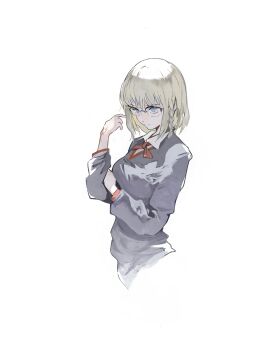 1girl absurdres blonde_hair blue_eyes commentary_request fate/strange_fake fate_(series) glasses highres kanji_(nievart) round_eyewear sajou_ayaka_(fate/strange_fake) school_uniform simple_background solo sweater white_background