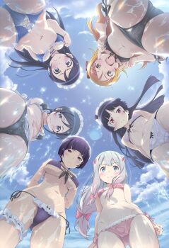 6+girls ai-generated aragaki_ayase bikini blue_sky blush cameltoe commentary_request eromanga_sensei from_below gokou_ruri highres kousaka_kirino looking_at_viewer multiple_girls ore_no_imouto_ga_konna_ni_kawaii_wake_ga_nai sky swimsuit tommy88787778