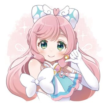 Rule 34 | 1girl, ascot, bow, braid, brooch, closed mouth, commentary, crown braid, cure prism, earrings, elbow gloves, glove bow, gloves, green eyes, hair bow, hirogaru sky! precure, jewelry, long hair, looking at viewer, magical girl, nijigaoka mashiro, pink hair, precure, risu munk, side braids, smile, solo, twitter username, upper body, very long hair, white ascot, white bow, white gloves, wing brooch