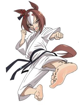1girl animal_ears bhenart brown_eyes brown_hair dougi flying_kick full_body hashtag-only_commentary highres horse_ears horse_girl horse_tail karate karate_gi kicking open_mouth simple_background soles solo tail toes tsurime umamusume white_background yaeno_muteki_(umamusume)
