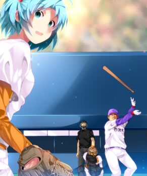 Rule 34 | 1girl, 3boys, ahoge, aqua eyes, aqua hair, baseball, baseball bat, baseball glove, baseball helmet, baseball stadium, baseball uniform, belt, black belt, black pants, black shirt, catcher's mask, catcher (baseball), chest protector, closed mouth, commentary request, empty eyes, gloves, hair bobbles, hair ornament, helmet, jikkyou powerful pro yakyuu, kiyomoto kazushige, looking back, multiple boys, one side up, open mouth, orange shirt, pants, playing sports, purple belt, shirt, shirt under shirt, short hair, sportswear, swinging baseball bat, tachibana mizuki (pawapro), umpire, white gloves, white pants, white shirt, z.nov