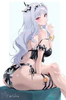 1girl absurdres ass bare_shoulders bikini black_bikini blush bracelet breasts commentary finger_in_own_mouth from_side grey_hair hair_ornament hair_ribbon hairband highres idolmaster jewelry large_breasts long_hair looking_at_viewer midnamana off_shoulder parted_lips purple_eyes ribbon shijou_takane sideboob signature simple_background sitting solo swimsuit thigh_strap wet