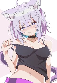1girl ahoge animal_collar animal_ears black_camisole black_collar blue_hair breasts camisole cat_ears cat_girl cat_tail cleavage closed_mouth collar colored_inner_hair commentary_request crossed_bangs double-parted_bangs hair_between_eyes hand_up highres hololive hutaba_haru looking_at_viewer medium_breasts messy_hair midriff multicolored_hair navel nekomata_okayu purple_eyes purple_hair short_hair single_off_shoulder solo strap_pull tail upper_body virtual_youtuber wavy_mouth