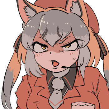 1girl animal_ears brown_hair extra_ears fox_ears fox_girl grey_hair hat island_fox_(kemono_friends) jacket kemono_friends kemono_friends_v_project looking_at_viewer mcgunngu microphone necktie ribbon shirt simple_background solo sweat twintails upper_body virtual_youtuber yellow_eyes