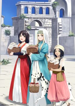 3girls aege-kai_wo_wataru_hana-tachi aqua_dress arch architecture artist_name basket black_hair black_shirt black_vest blonde_hair blue_eyes blue_sky brown_hair brown_sash brown_shoes commentary dalmatian day dress food greco-roman_architecture green_eyes grin headscarf hinoshita_akame holding holding_basket italian_clothes juliet_sleeves laundry layered_dress lisa_(aege-kai_wo_wataru_hana-tachi) long_hair long_sidelocks long_sleeves looking_at_viewer medieval medium_hair mouth_hold multiple_girls official_art olha_(aege-kai_wo_wataru_hana-tachi) outdoors overgrown pants pink_pants puffy_pants puffy_short_sleeves puffy_sleeves red_dress sandwich sash shadow shirt shoes short_sleeves sidelocks sky smile stone_wall sunlight tzivyah_(aege-kai_wo_wataru_hana-tachi) veil very_long_hair vest walking white_dress white_headscarf white_shirt white_veil yellow_eyes yellow_sash yellow_trim