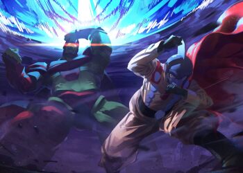 2boys android aura battle cape cell_max colored_skin commentary dragon_ball dragon_ball_super dragon_ball_super_super_hero dust english_commentary fins gamma_1 gamma_2 glowing glowing_eyes green_skin grey_skin head_fins highres jacket multiple_boys red_cape red_eyes solo_focus terminal_000 yellow_jacket