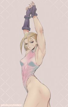 1girl armor armpits ass blonde_hair blue_eyes breasts calad_g cammy_white capcom fingerless_gloves gabriel_carrasquillo gloves highres leotard lips medium_breasts scar scar_on_face short_hair sleeveless street_fighter street_fighter_6 stretching thong_leotard
