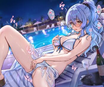 1girl bikini black_scrunchie blue_hair blush bottle breasts brown-framed_eyewear cleavage cup drinking_glass front-tie_bikini_top front-tie_top glasses jewelry long_hair lying medium_breasts midriff night night_sky on_back open_mouth original outdoors ponytail pool pussy_juice ring round_eyewear saliva scrunchie see-through_clothes sidelocks sky solo spread_legs sweat swimsuit table toriatto_gununu umbrella underboob water white_bikini wine_bottle wine_glass yellow_eyes