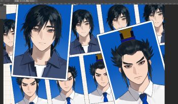 2boys art_program_in_frame black_hair blue_background blue_necktie cao_cao_(shin_sangoku_musou) closed_mouth collared_shirt grey_shirt hair_between_eyes highres long_hair low_ponytail male_focus multiple_boys necktie p3ach0520 photo_(object) ponytail portrait shin_sangoku_musou shin_sangoku_musou_origins shirt shirt_under_shirt short_hair sidelocks upper_body white_shirt xun_yu_(shin_sangoku_musou)