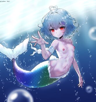 1girl absurdres ahoge air_bubble artist_name bandaged_arm bandages blue_hair breasts bubble closed_mouth collarbone commentary full_body groin hair_between_eyes hair_ornament hand_up heart heart_ahoge highres looking_at_viewer luiiferu medium_hair mermaid monster_girl navel nipples nude original scales shell shell_hair_ornament sidelocks small_breasts smile solo stomach underwater variant_set