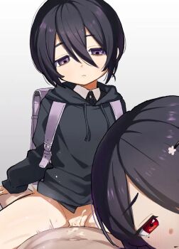 1boy 2girls backpack bag black_hair black_hoodie blush bottomless cowgirl_position expressionless ffm_threesome flat_chest group_sex hair_between_eyes hetero hood hoodie loli lolicom looking_at_viewer mole mole_under_eye multiple_girls original pov purple_eyes randoseru red_eyes sex short_hair smile straddling threesome vaginal webp-to-png_conversion