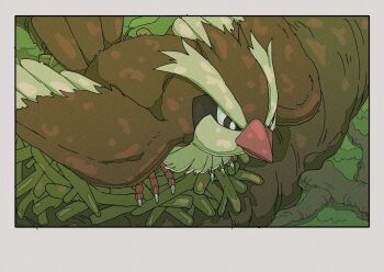 animal_focus beak bird bird_nest branch gen_1_pokemon highres nest nintendo no_humans on_branch onamuzi_illust outdoors pidgey pokemon pokemon_(creature) pokemon_focus talons tree wings