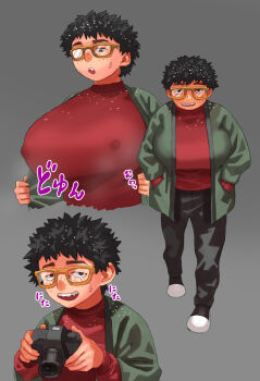 1girl black_eyes black_hair black_pants breasts camera commentary_request covered_erect_nipples freckles glasses green_haori hands_in_pockets haori highres holding holding_camera huge_breasts japanese_clothes narisokonai opaque_glasses open_mouth original pants partially_opaque_glasses short_hair single-lens_reflex_camera smile steaming_body