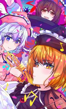 Rule 34 | absurdres, blonde hair, bow (music), bucket, crescent, crescent hat ornament, everyone, frilled hat, frills, hat, hat ornament, highres, hirwannew, holding, holding instrument, holding trumpet, holding violin, in bucket, in container, instrument, keyboard (instrument), lunasa prismriver, lyrica prismriver, merlin prismriver, music, oni, perfect cherry blossom, pink hat, pink vest, playing instrument, red vest, rod of remorse, siblings, sisters, skirt, skirt set, touhou, trumpet, vest, violin