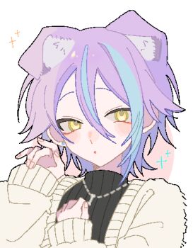 Rule 34 | 1boy, animal ears, arms up, black shirt, blue hair, blush, dog boy, dog ears, double-parted bangs, hair between eyes, jewelry, kamishiro rui, kemonomimi mode, looking to the side, male focus, multicolored hair, necklace, open mouth, project sekai, purple hair, shirt, sideways glance, simple background, sleeves past wrists, solo, streaked hair, sweater, turtleneck, upper body, uu 22233, white background, white sweater, yellow eyes