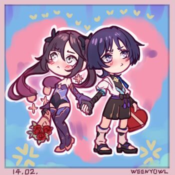 1boy 1girl :&lt; anger_vein aqua_eyes arms_at_sides artist_name averting_eyes black_bodysuit black_bow black_bridal_gauntlets black_gloves black_sandals black_shorts blue_kimono blue_sleeves blunt_ends blush bodysuit border bouquet bow box bridal_gauntlets bridal_legwear bright_pupils closed_mouth couple crotch dated detached_sleeves earrings elbow_gloves flower full_body genshin_impact gift gift_box gloves gold gold_trim grey_eyes hair_between_eyes hair_bow hakama hakama_shorts heart heart-shaped_box heart_background hetero highres holding holding_bouquet holding_gift holding_hands japanese_clothes jewelry juban kimono layered_sleeves leg_warmers leotard long_hair looking_up lower_eyelashes_only mona_(genshin_impact) mona_(pact_of_stars_and_moon)_(genshin_impact) open_clothes open_kimono parted_bangs pink_border pink_hair pleated_shorts ponytail_holder purple_hair purple_leotard purple_sleeves purple_thighhighs red_flower red_rose rose sandals scaramouche_(genshin_impact) short_sleeves shorts sidelocks simple_background star_(symbol) star_earrings stirrup_legwear strapless strapless_leotard thighhighs thighlet toeless_legwear twintails wanderer_(genshin_impact) weenyowl white_kimono white_leg_warmers white_pupils white_sleeves wispy_bangs zouri