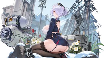 1girl absurdres artist_request back_cutout belt black_belt black_garter_straps black_hat black_shoes black_skirt breasts closed_mouth clothing_cutout echocalypse flower garter_straps grey_hair hair_over_one_eye hat high_heels highres masa_(echocalypse) plant red_eyes shoes short_hair skirt solo thighhighs white_flower