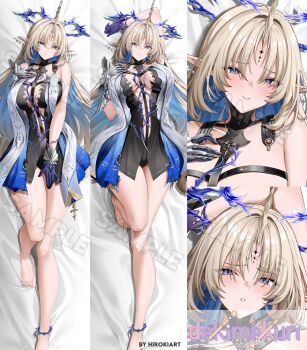 1girl arm_up bare_legs bare_shoulders barefoot bed_sheet black_collar black_dress blonde_hair blue_eyes blue_hair blue_hands blush breasts closed_mouth collar colored_inner_hair commentary crown_of_thorns dakimakura_(medium) dress earrings embarrassed english_commentary fleurdelys_(wuthering_waves) floating_earrings hand_on_own_chest highres hiroki_(hirokiart) horns huge_breasts jewelry knee_up legs long_hair long_horns looking_at_viewer lying merchandise_available multicolored_hair multiple_earrings multiple_views necklace on_back parted_bangs pointy_ears sample_watermark sidelocks single_horn tacet_mark_(wuthering_waves) thighs toes watermark wuthering_waves yellow_horns