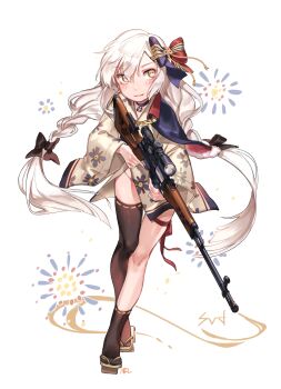 Rule 34 | absurdres, dragunov svd, fireworks, floral print, girls' frontline, grey eyes, gun, highres, japanese clothes, jewelry, kimono, long hair, necklace, print kimono, rifle, shan, smile, sniper rifle, solo, svd (girls' frontline), weapon, white hair