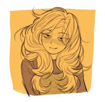 Rule 34 | 1girl, amphibia, armor, commentary, hair down, lifeisassholee, long hair, mole, mole under eye, sasha waybright, shirt, smile, solo, yellow theme