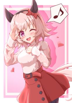 1girl animal_ears black_pantyhose blush bow breasts commentary_request curren_chan_(casual)_(umamusume) curren_chan_(umamusume) ear_bow ear_covers grey_hair heart highres horse_ears horse_girl horse_tail jewelry long_sleeves looking_at_viewer medium_breasts mokichi3356 musical_note necklace one_eye_closed open_mouth pantyhose purple_eyes red_bow red_skirt shirt short_hair skirt smile solo speech_bubble spoken_musical_note sweater tail umamusume white_sweater