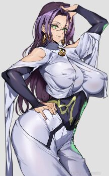 1girl arched_back arm_up ashiomi_masato bare_shoulders breasts bridal_gauntlets clothing_cutout commentary_request covered_erect_nipples covered_navel cowboy_shot dress earrings forehead from_side glasses green_eyes grey_background hand_in_own_hair hand_on_own_hip highres impossible_clothes jewelry large_breasts long_hair long_sleeves looking_at_viewer mature_female one-punch_man parted_bangs parted_lips psychos_(one-punch_man) purple_hair shoulder_cutout simple_background smile solo thighs white_dress