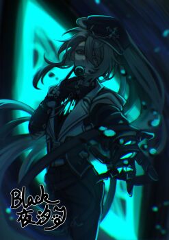 1boy absurdres ainchase_ishmael alternate_costume artist_name backlighting between_fingers black_hat black_pants blackyexi chinese_commentary chromatic_aberration commentary_request core cowboy_shot disembodied_eye elsword eyes_visible_through_hair grey_hair hair_over_one_eye hat headset herrscher_(elsword) high_ponytail highres holding holding_orb hole_in_chest hole_on_body hollow_body long_hair looking_at_viewer male_focus microphone orb pants ponytail reaching reaching_towards_viewer solo unraveling very_long_hair