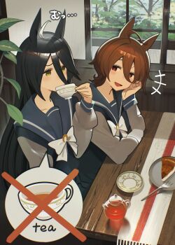 2girls absurdres agnes_tachyon_(umamusume) animal_ears ashinowoto black_hair blue_sailor_collar blue_shirt blush bow brown_hair cafe cake cake_slice commentary cup drinking drinking_glass food grey_sleeves hair_between_eyes highres holding holding_cup horse_ears horse_girl indoors long_hair manhattan_cafe_(umamusume) multiple_girls open_mouth red_eyes sailor_collar shirt short_hair sitting teacup umamusume very_long_hair white_bow yellow_eyes