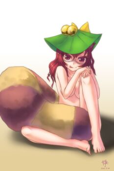 1girl :p animal_ears barefoot bell breasts brown_eyes brown_hair colored_eyelashes female_focus futatsuiwa_mamizou glasses hat highres jingle_bell large_breasts leaf leaf_hat leaf_on_head long_hair looking_at_viewer nude qingmingtongzi raccoon_ears raccoon_tail red_eyes sitting smile solo tail tail_censor tongue tongue_out touhou